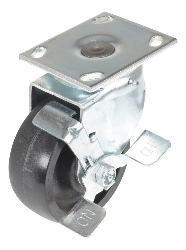 The Vestil 5X2 Glass Filled Nylon Light Duty,Swb caster includes a metal swivel design, black rubber wheel, and flat mounting plate. Its ON/OFF locking mechanism ensures secure stability.