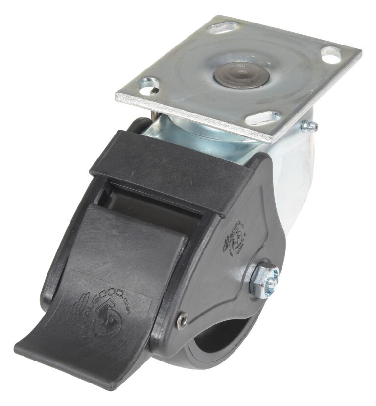 The Vestil 5X2 Glass Filled Nylon Light Duty caster includes a swivel/lock system and a sturdy black plastic brake lever on a metal plate with four holes. Its black wheel is encased for durability, ensuring reliability.