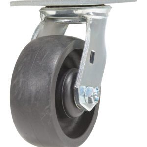 The Vestil 5X2 Glass Filled Nylon Light Duty Swivel caster features a black rubber wheel, mounted on a metal bracket for smooth rotation and easy movement.