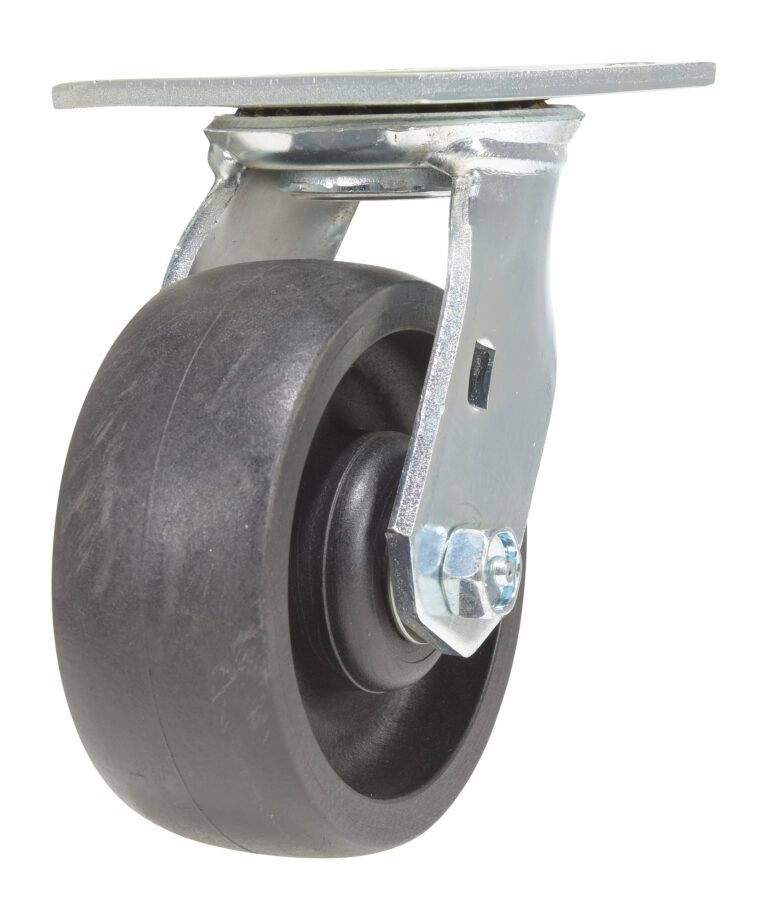 CST-HLD-5X2GFN-S_A.jpg The Vestil 5X2 Glass Filled Nylon Light Duty Swivel caster features a black rubber wheel, mounted on a metal bracket for smooth rotation and easy movement.