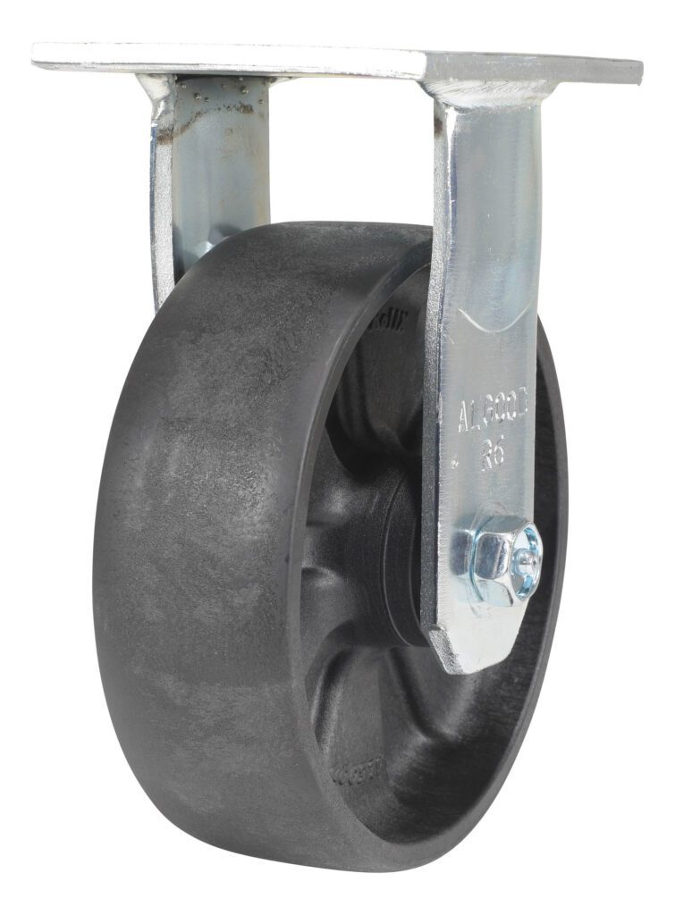 CST-HLD-6X2GFN-R_A.jpg The Vestil 6X2 caster, made of glass-filled nylon, is a light-duty, rigid model featuring a black rubber tire and sturdy metal mounting bracket. It offers reliable support with visible hardware for seamless attachment, ensuring smooth operation in various settings.