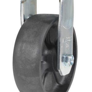 The Vestil 6X2 caster, made of glass-filled nylon, is a light-duty, rigid model featuring a black rubber tire and sturdy metal mounting bracket. It offers reliable support with visible hardware for seamless attachment, ensuring smooth operation in various settings.