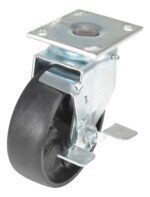 The Vestil 6X2 Glass Filled Nylon Light Duty,Swb caster has a metal swivel design with a black rubber wheel, featuring a top-mounted plate and side brake for secure locking.