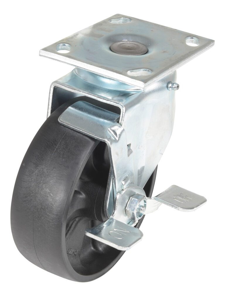 The Vestil 6X2 Glass Filled Nylon Light Duty,Swb caster has a metal swivel design with a black rubber wheel, featuring a top-mounted plate and side brake for secure locking.