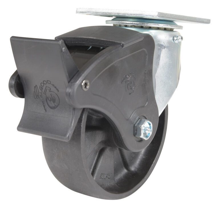 The Vestil 6X2 Glass Filled Nylon Light Duty Swivel/Lock caster features a black wheel and metal mounting plate, with a swivel/lock foot pedal for stability. Ideal for industrial or furniture use, it offers excellent maneuverability and security.