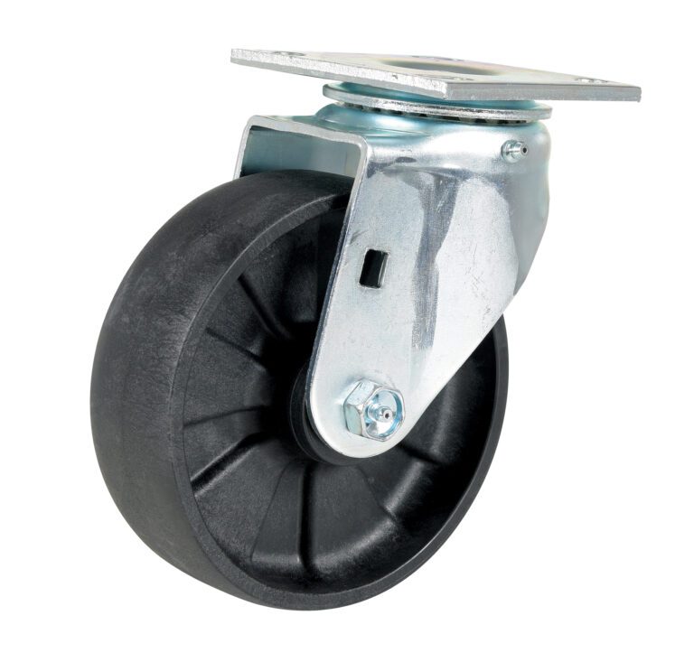 The Vestil 6X2 Glass Filled Nylon Light Duty Swivel ensures easy maneuverability with a black rubber tire and metallic swivel mount. Its ideal for seamless attachment to furniture or equipment, featuring a strong metal bracket.