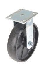 The Vestil 8X2 Glass Filled Nylon Light Duty wheel is large, black, and features a metal mounting plate with four screw holes. It includes a smooth surface but has a rigid design without any swiveling feature.