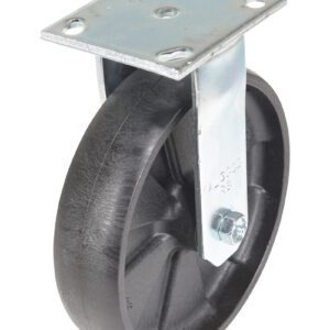 The Vestil 8X2 Glass Filled Nylon Light Duty wheel is large, black, and features a metal mounting plate with four screw holes. It includes a smooth surface but has a rigid design without any swiveling feature.