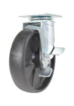 The Vestil 8X2 Glass Filled Nylon Light Duty, Swb caster features a metal swivel design and black rubber wheel, a locking mechanism with sturdy lever, and a top plate with pre-drilled holes for easy mounting, providing smooth movement and stability.