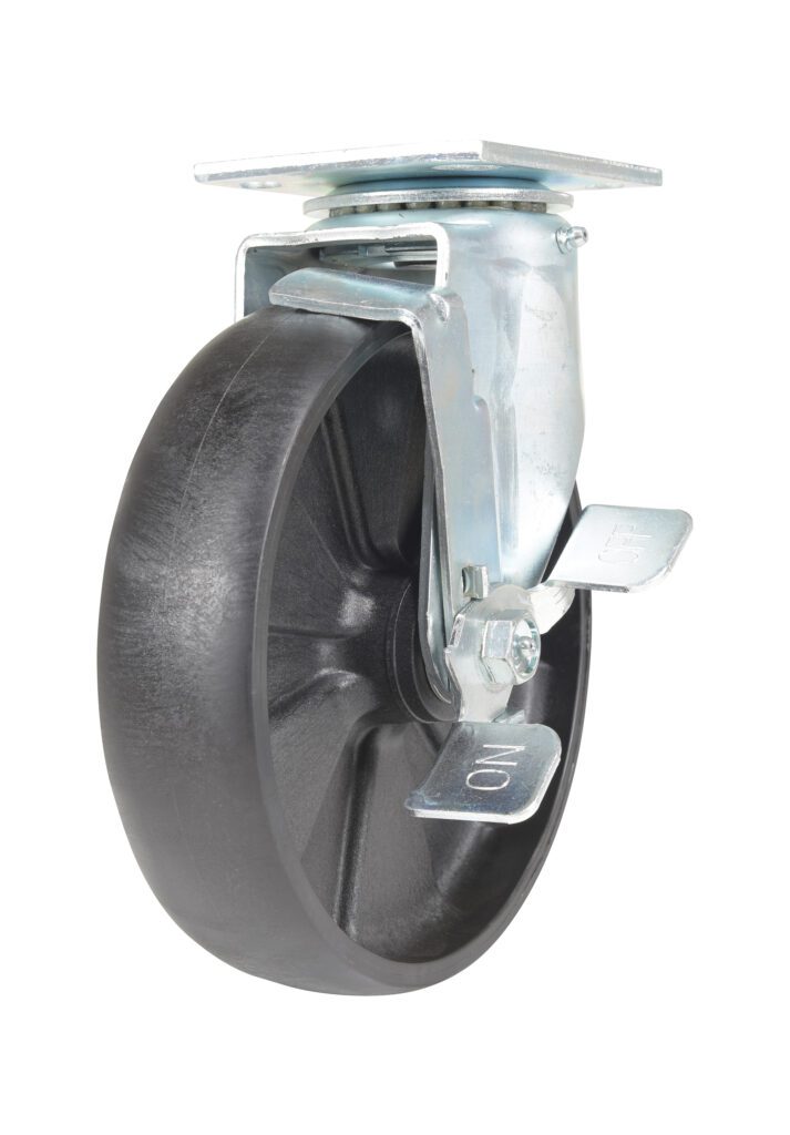 The Vestil 8X2 Glass Filled Nylon Light Duty, Swb caster features a metal swivel design and black rubber wheel, a locking mechanism with sturdy lever, and a top plate with pre-drilled holes for easy mounting, providing smooth movement and stability.
