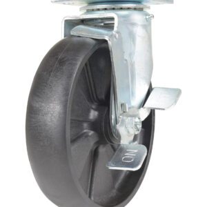 The Vestil 8X2 Glass Filled Nylon Light Duty, Swb caster features a metal swivel design and black rubber wheel, a locking mechanism with sturdy lever, and a top plate with pre-drilled holes for easy mounting, providing smooth movement and stability.