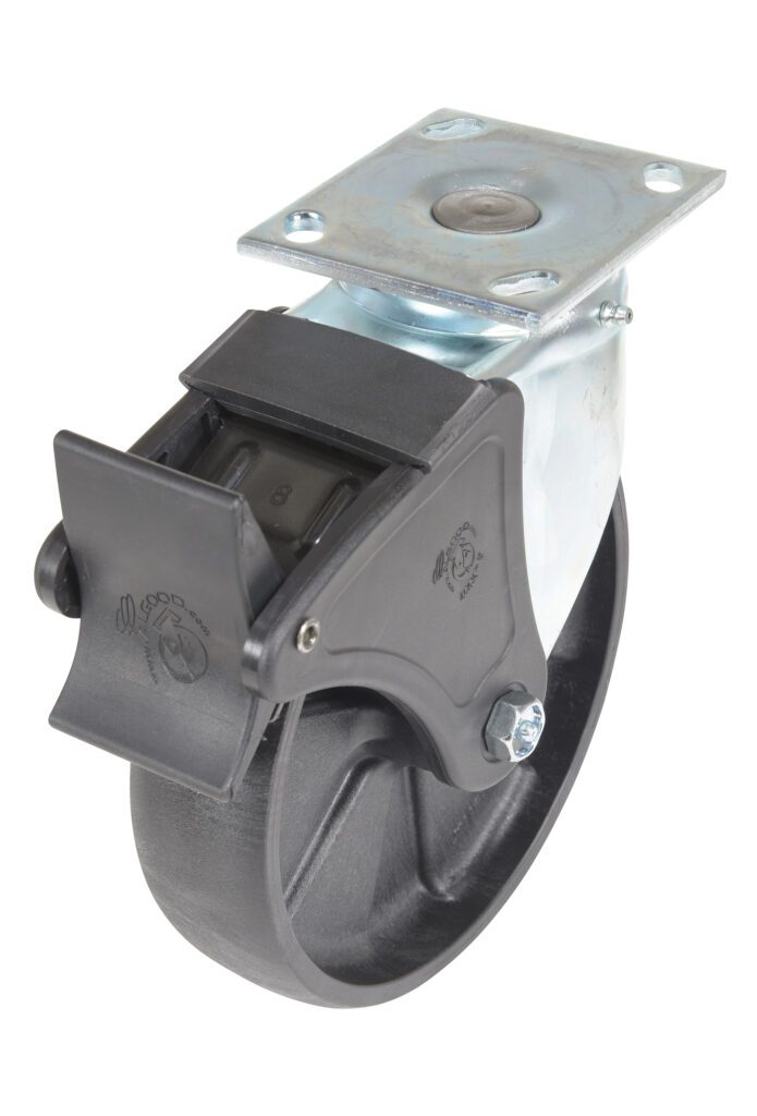 The Vestil 8X2 Glass Filled Nylon Light Duty caster includes a black rubber wheel, swivel/lock for secure positioning, and a metallic mounting plate with four screw holes. Its sleek black brake contrasts against a crisp white background.