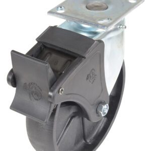 The Vestil 8X2 Glass Filled Nylon Light Duty caster includes a black rubber wheel, swivel/lock for secure positioning, and a metallic mounting plate with four screw holes. Its sleek black brake contrasts against a crisp white background.