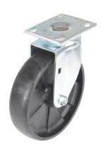 The Vestil 8X2 Glass Filled Nylon Light Duty swivel caster features a rubber tire and metal mounting plate with holes for secure attachment. The wheel is mounted on a metal bracket, ensuring smooth rotation.