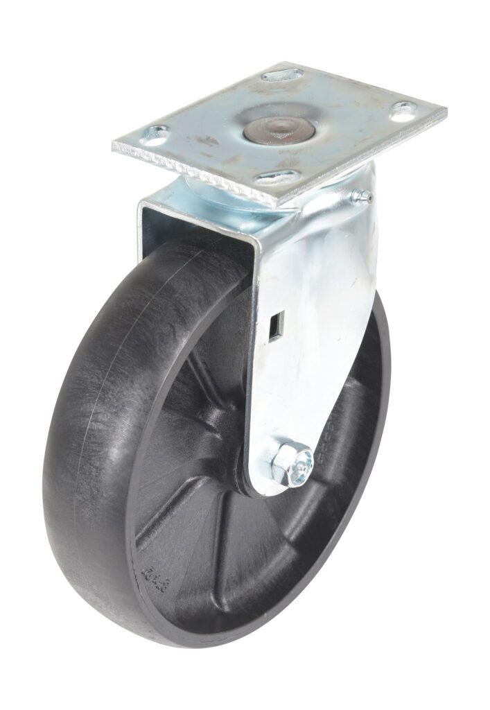 The Vestil 8X2 Glass Filled Nylon Light Duty swivel caster features a rubber tire and metal mounting plate with holes for secure attachment. The wheel is mounted on a metal bracket, ensuring smooth rotation.