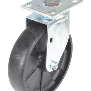 The Vestil 8X2 Glass Filled Nylon Light Duty swivel caster features a rubber tire and metal mounting plate with holes for secure attachment. The wheel is mounted on a metal bracket, ensuring smooth rotation.