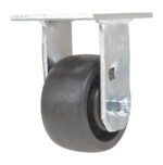 The Vestil 4X2 Glass Filled Nylon (Rollx) Rigid caster includes a sleek black rubber wheel in a sturdy silver bracket with ALOCO and R4 markings. Visible screws enhance its design, ensuring smooth movement and lasting durability.