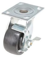 The Vestil 4X2 Glass Filled Nylon (Rollx) Swivel W/ Brake has a rectangular metal mounting plate, a black wheel and shiny silver frame, and includes an ON and OFF lever for its robust locking mechanism.