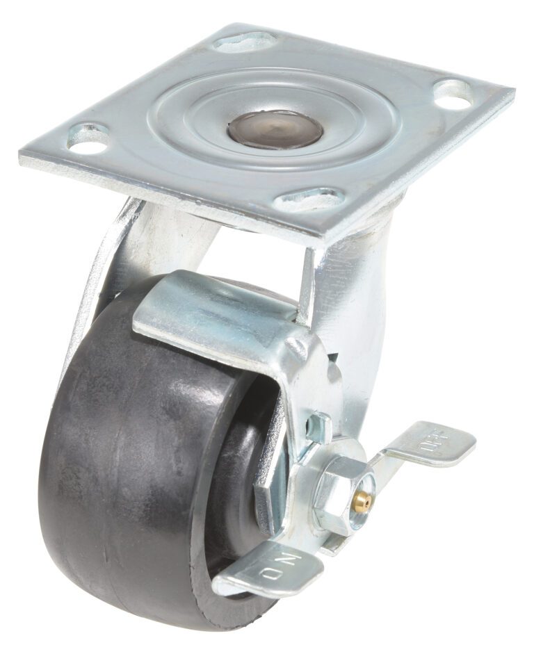 CST-HLD2-4X2GFN-SWB_A.jpg The Vestil 4X2 Glass Filled Nylon (Rollx) Swivel W/ Brake has a rectangular metal mounting plate, a black wheel and shiny silver frame, and includes an ON and OFF lever for its robust locking mechanism.