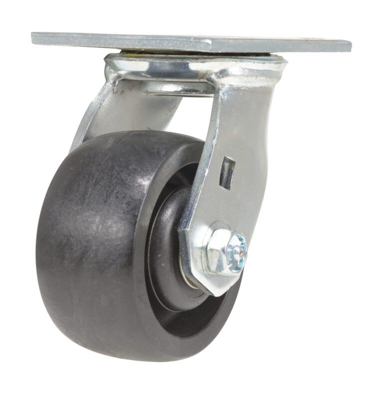 CST-HLD2-4X2GFN-S_A.jpg The Vestil 4X2 Glass Filled Nylon (Rollx) Swivel, featuring a black rubber wheel and silver metal mounting plate, delivers excellent mobility for furniture or equipment with its smooth swiveling axle, combining durability and seamless movement.