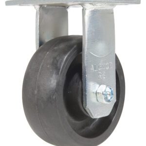 A side view of a Vestil 5X2 Glass Filled Nylon (Rollx) Rigid caster with a silver bracket. The black wheel is mounted via bolt, swiveling for easy movement, and the bracket includes a flat mounting plate with four holes for secure attachment.