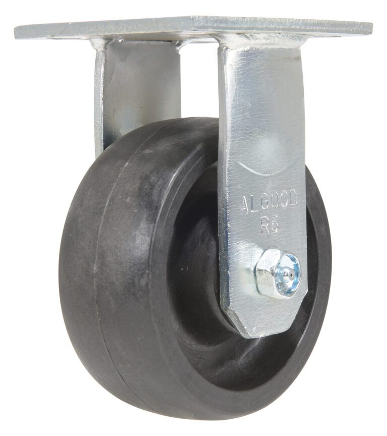 A side view of a Vestil 5X2 Glass Filled Nylon (Rollx) Rigid caster with a silver bracket. The black wheel is mounted via bolt, swiveling for easy movement, and the bracket includes a flat mounting plate with four holes for secure attachment.