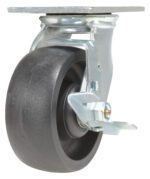 A close-up of the Vestil 5X2 Glass Filled Nylon (Rollx) Swivel W/ Brake showcases its sturdy metal frame and brake mechanism. The mounting plate stands out against a plain white background, emphasizing the wheels fine details and robust construction.