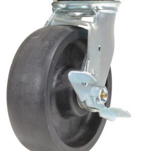 The Vestil 6X2 Glass Filled Nylon (Rollx) swivel caster, featuring a metal frame and mounting plate, supports easy movement with its swivel bracket and ensures stability with a built-in brake. Its black rubber wheel and angled design emphasize durability and sleek construction.