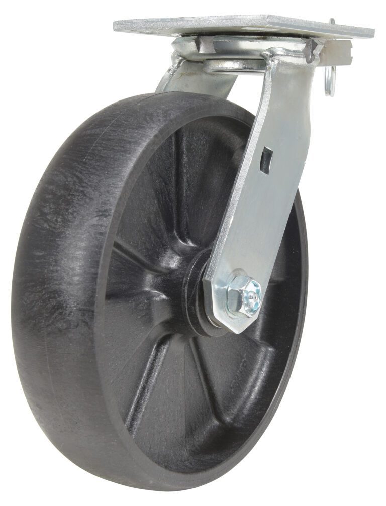 Close-up of the industrial style of the Vestil 8X2 Glass Filled Nylon (Rollx) Swivel with 4-position lock, featuring a black caster wheel and metal bracket, attached to a rectangular mounting plate with a bolt—ideal for moving carts or machinery.