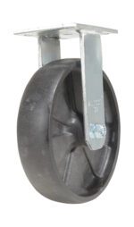 A close-up of a Vestil 8X2 Glass Filled Nylon (Rollx) Rigid heavy-duty caster wheel highlights its black rubber wheel and silver metal bracket, offering an industrial design that ensures sturdy performance for mounting on flat surfaces.