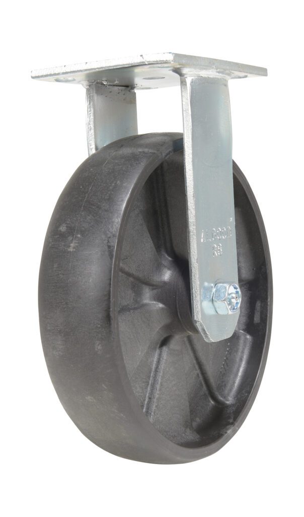 A close-up of a Vestil 8X2 Glass Filled Nylon (Rollx) Rigid heavy-duty caster wheel highlights its black rubber wheel and silver metal bracket, offering an industrial design that ensures sturdy performance for mounting on flat surfaces.