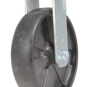 A close-up of a Vestil 8X2 Glass Filled Nylon (Rollx) Rigid heavy-duty caster wheel highlights its black rubber wheel and silver metal bracket, offering an industrial design that ensures sturdy performance for mounting on flat surfaces.
