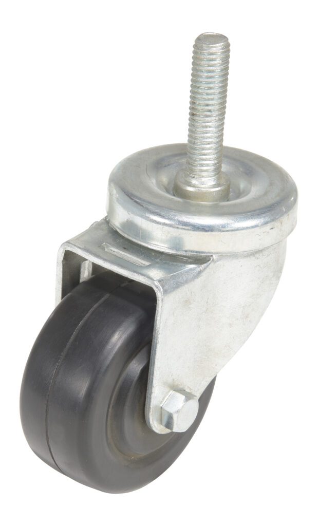 Introducing the Vestil Caster: a swivel caster with a 3-inch wheel diameter, black rubber wheel, and threaded metal stem. Its metal housing ensures smooth 360-degree swiveling for easy maneuverability.