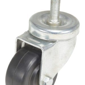 Introducing the Vestil Caster: a swivel caster with a 3-inch wheel diameter, black rubber wheel, and threaded metal stem. Its metal housing ensures smooth 360-degree swiveling for easy maneuverability.