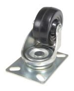 The Vestil Caster, with a 3-inch black swivel wheel and metal mounting plate, features a riveted design and visible ball bearings for smooth movement and rotation, making it perfect for various applications.