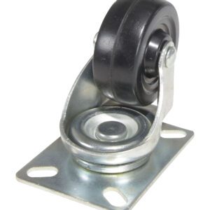 The Vestil Caster, with a 3-inch black swivel wheel and metal mounting plate, features a riveted design and visible ball bearings for smooth movement and rotation, making it perfect for various applications.