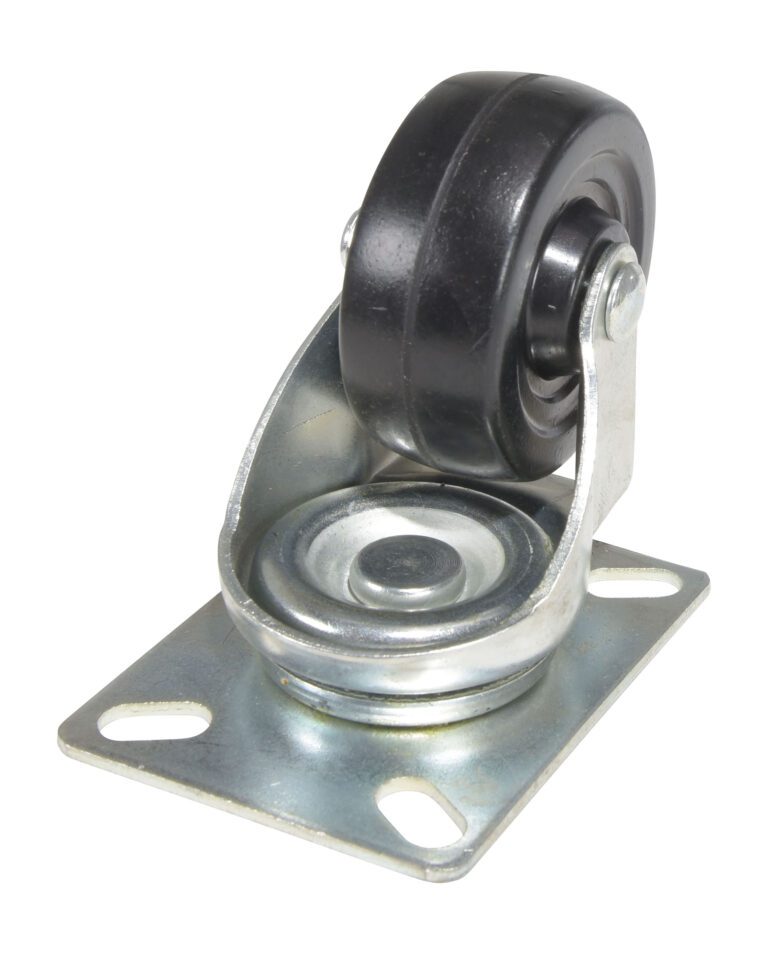 The Vestil Caster, with a 3-inch black swivel wheel and metal mounting plate, features a riveted design and visible ball bearings for smooth movement and rotation, making it perfect for various applications.