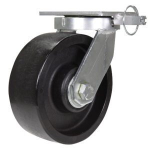 This swivel caster, with a black rubber wheel and top mounting plate, includes a locking mechanism. Its durable like the Vestil 8X3 Glass Filled Nylon W/4 Position Lock and attaches securely with a metal bracket.