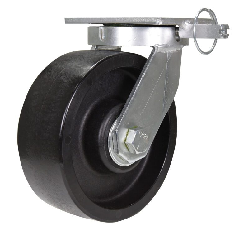 This swivel caster, with a black rubber wheel and top mounting plate, includes a locking mechanism. Its durable like the Vestil 8X3 Glass Filled Nylon W/4 Position Lock and attaches securely with a metal bracket.