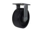 The Vestil 8X3 Glass Filled Nylon Rigid caster wheel, featuring a single black design with a matte-finish metal bracket for attachment, boasts industrial durability and a sturdy appearance, ideal for challenging environments.