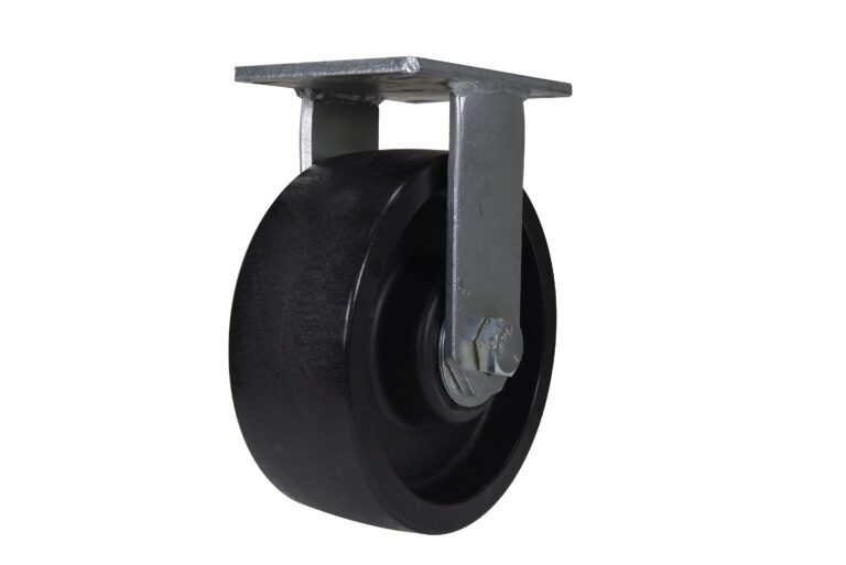 The Vestil 8X3 Glass Filled Nylon Rigid caster wheel, featuring a single black design with a matte-finish metal bracket for attachment, boasts industrial durability and a sturdy appearance, ideal for challenging environments.