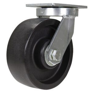 A large black Vestil 8X3 Glass Filled Nylon swivel caster with silver bracket, mounted on a square metal plate. Ideal for furniture or equipment, it features a robust metal bracket with visible bolt and nut for secure assembly.