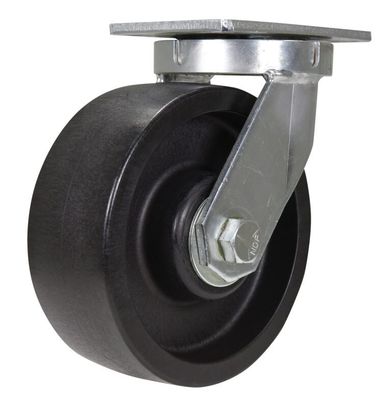 A large black Vestil 8X3 Glass Filled Nylon swivel caster with silver bracket, mounted on a square metal plate. Ideal for furniture or equipment, it features a robust metal bracket with visible bolt and nut for secure assembly.