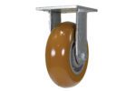 The Vestil 6X2 Jking Rigid Caster with an Ultra Wheel features a smooth, round brown wheel attached to a metal mounting plate, ideal for furniture or carts. Its showcased against a white background.
