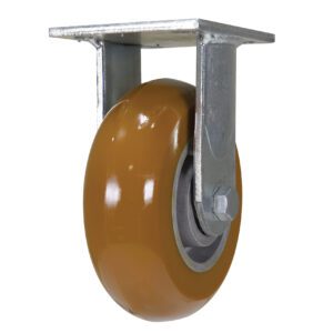 The Vestil 6X2 Jking Rigid Caster with an Ultra Wheel features a smooth, round brown wheel attached to a metal mounting plate, ideal for furniture or carts. Its showcased against a white background.