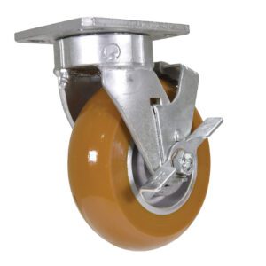 The Vestil 6X2 Kingpinless Swiv/Brk Caster W/Ultra Wheel features an orange rubber Ultra Wheel with a locking mechanism on a sleek silver metal plate.