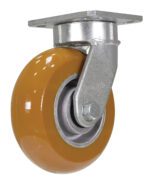 The Vestil 6X2 Kingpinless Swivel Caster W/Ultra Wheel includes a strong yellow rubber tire and metallic mounting plate, with its metal bracket allowing smooth 360-degree rotation for easy maneuverability.