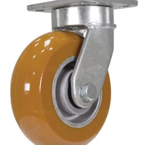 The Vestil 6X2 Kingpinless Swivel Caster W/Ultra Wheel includes a strong yellow rubber tire and metallic mounting plate, with its metal bracket allowing smooth 360-degree rotation for easy maneuverability.