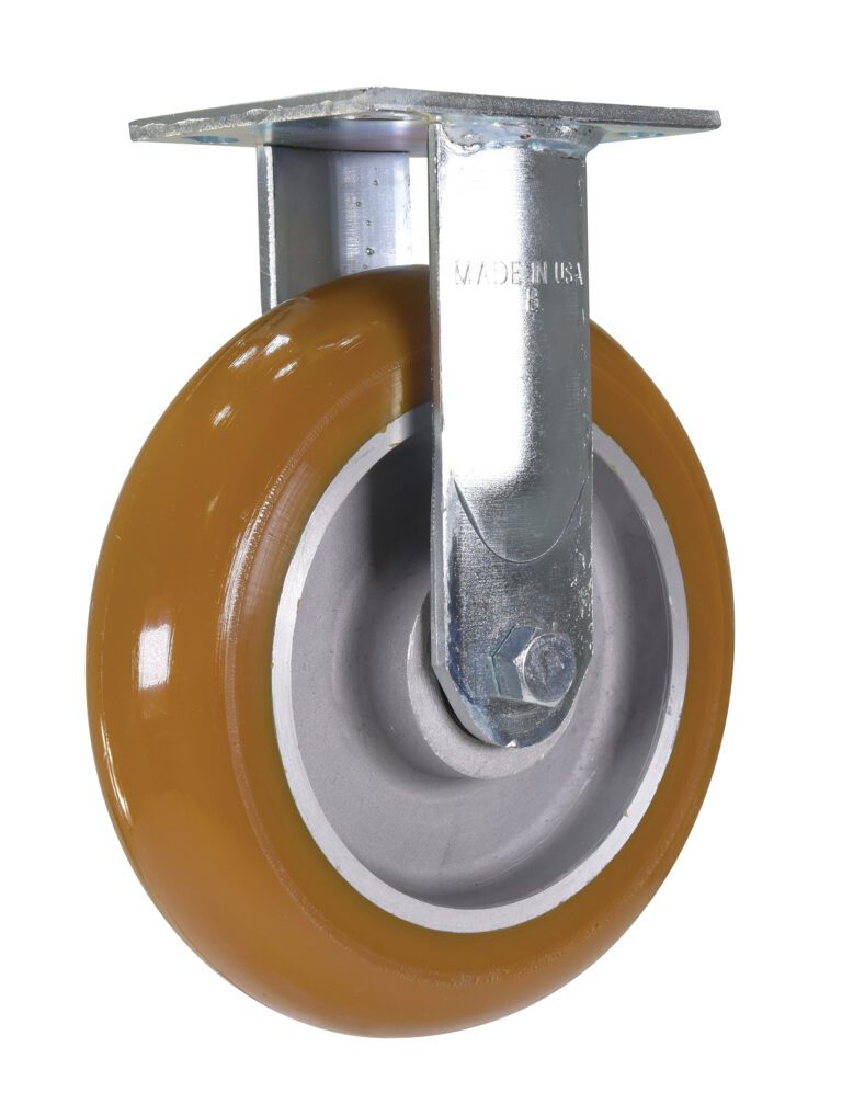 The Vestil 8X2 Jking Rigid Caster W/Ultra Wheel includes a shiny metal mounting plate with a strong frame and features a brown polyurethane tire. It has four screw holes for easy attachment, and the wheel is marked Made in USA.