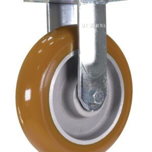 The Vestil 8X2 Jking Rigid Caster W/Ultra Wheel includes a shiny metal mounting plate with a strong frame and features a brown polyurethane tire. It has four screw holes for easy attachment, and the wheel is marked Made in USA.